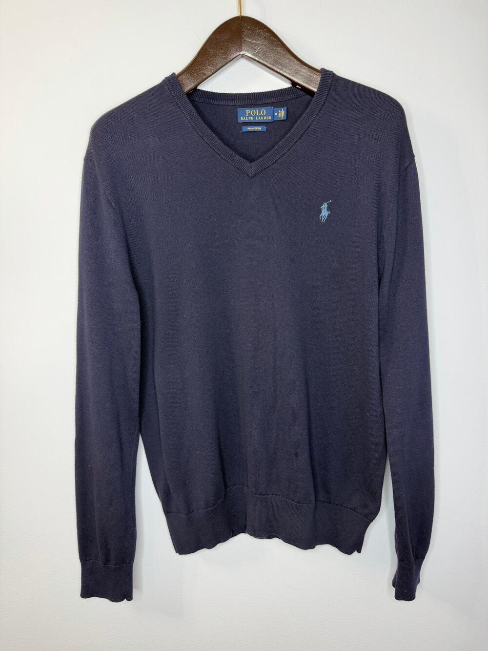 Polo Ralph Lauren V Neck Sweater Mens M Blue Pony Logo Pullover Long Sleeve
